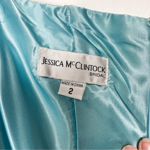 Vintage strapless sz.2 Jessica McClintock dress in light aqua blue with rosette - Picture 3 of 11
